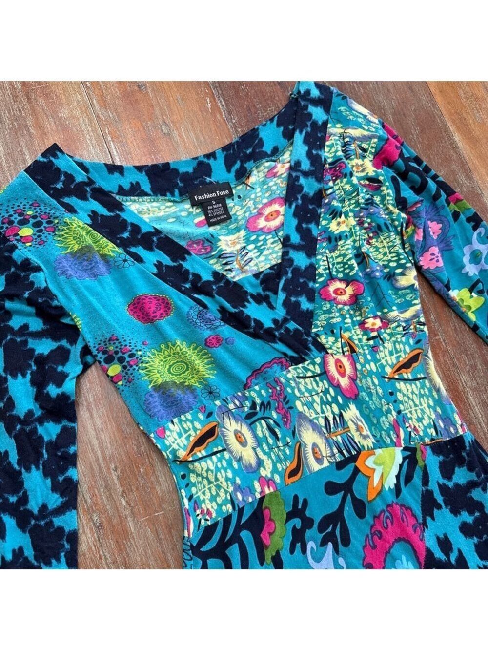 Fashion Fuse Teal Pink Floral Patchwork Dress Small - Picture 2 of 11